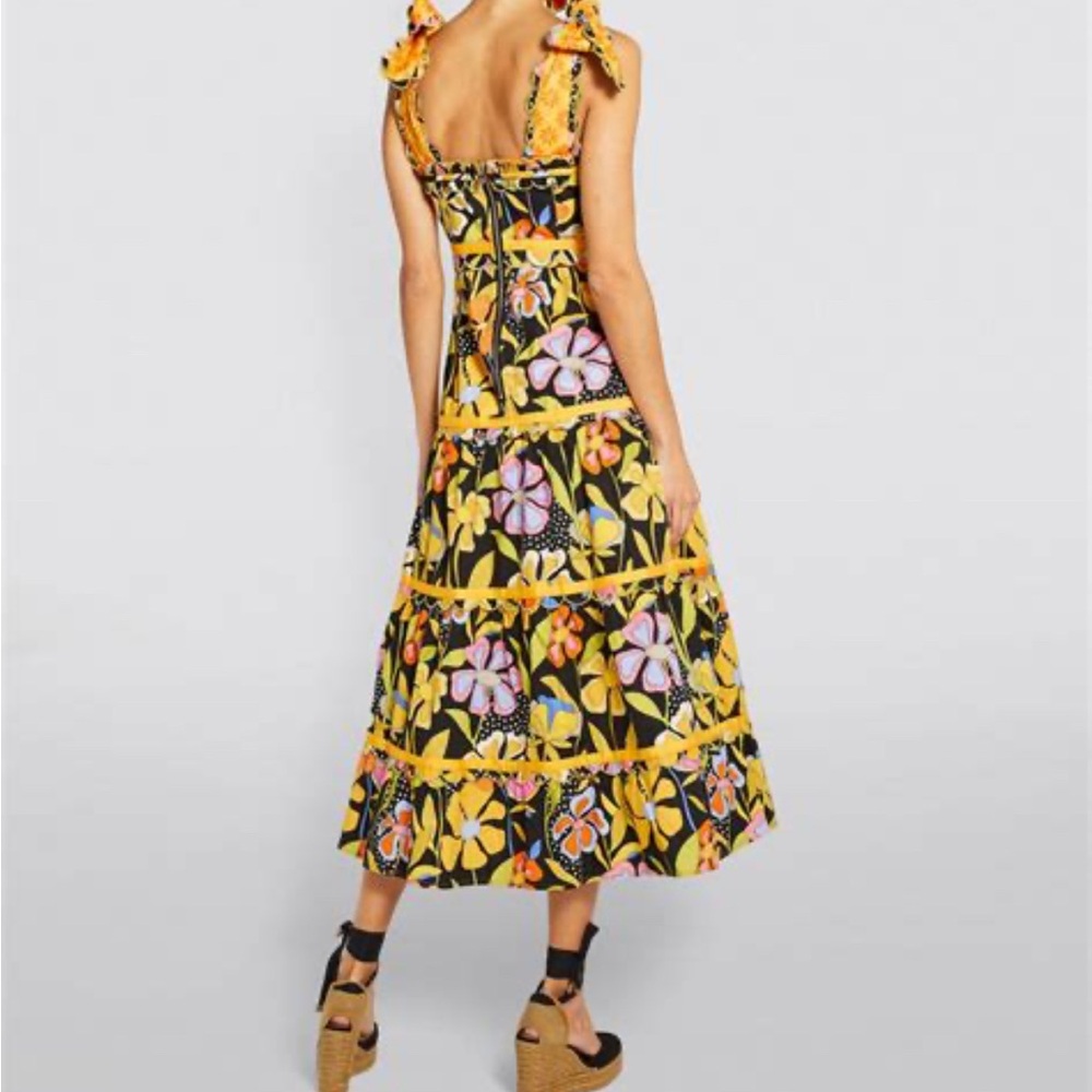 CeliaB Vibrant Yellow orange and Black Floral Midi Dress